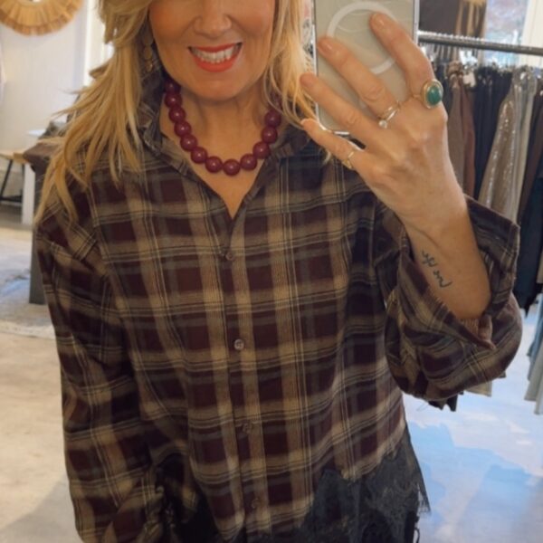 Check Lace Blouse - Beige/Bordeaux