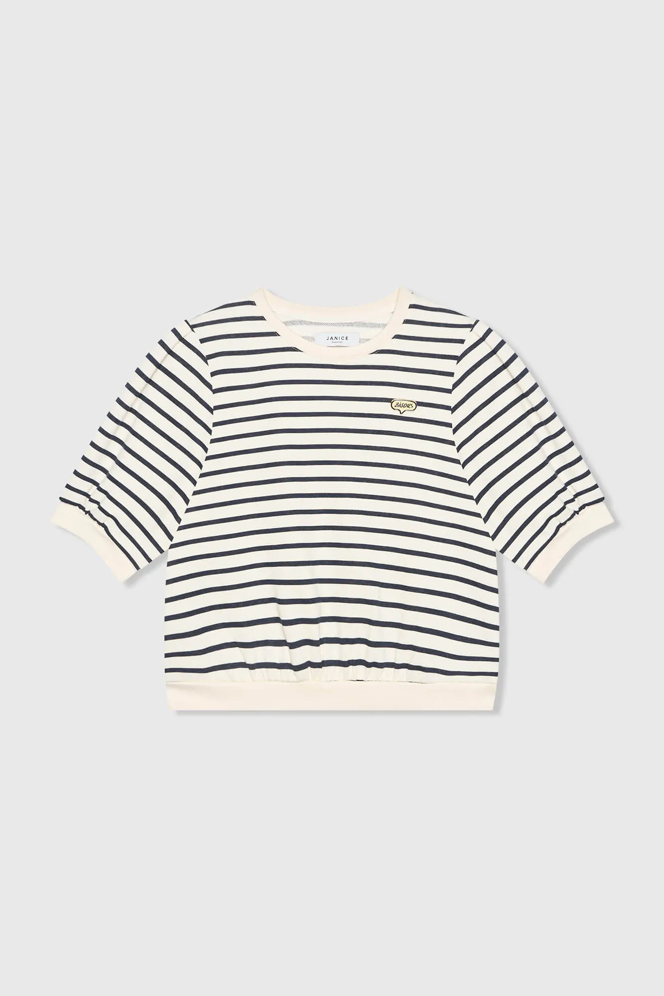 gestreepte-blauw-wit-dames-sweater-pof-mouw-katoen-corey-janice-00 Corey Sweater - Blauw/Wit - Afbeelding 1