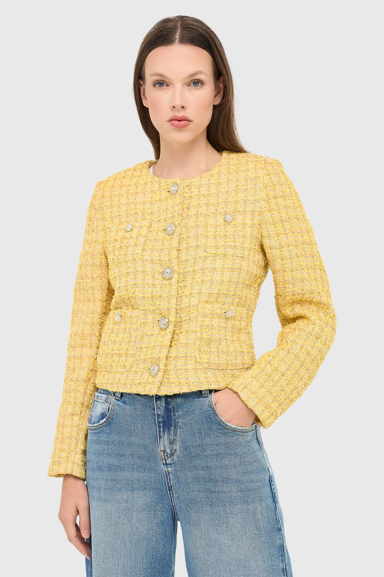 dames-blazer-jasje-tweed-laurent-geel-janice-03 Laurent Tweed Blazer - Geel - Afbeelding 1